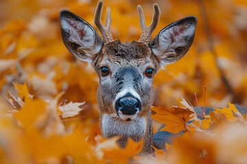 Poster - A deer whose body is adorned with autumn leaves instead of fur, camouflaged perfectly among the fall