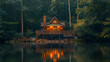 A secluded treehouse, with a tranquil lake reflecting the trees behind it as the background, during a peaceful summer evening