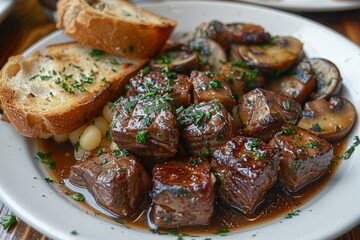 Wall Mural - Delicious steak cubes perfectly grilled, glossed in savoury sauce paired with garlic toast and herbs, indicating a premium dining experience