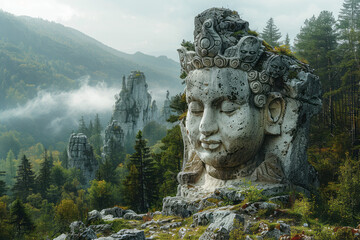Aufkleber - A depiction of a valley where each stone is a carved marble sculpture, the landscape a gallery of st