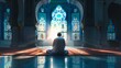 Muslim man praying inside the mosque. Ramadan Kareem concept. Islam religion.