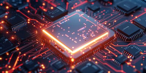 Wall Mural - A closeup of an integrated circuit  board with processor on colorful bokeh light, technology