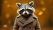 a raccoon wearing a coat is standing in front of a blurry background
