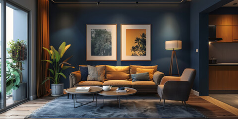 Poster - modern living room interior with Dark blue wall with two framed art prints on it, a sofa and armchair in front of it with a coffee table between them. 