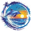 T-shirt design in round shape vector style clipart dolphin jumps out of the water on a beautiful background, isolated on white