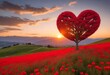A heart-shaped red tree in a field with red flowers during sunset with mountains in the background