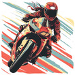 T-shirt design vector style clipart sports motorcycle with girl racer on a race track, isolated on white backgroun