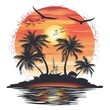 T-shirt design vector style clipart sunrise over a tropical island, isolated on white background
