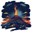 T-shirt design vector style clipart volcano erupting against the night sky, isolated on white background