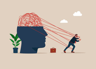 Wall Mural - Businessman to away trying with full effort chaos messy line from head. Psychology support. Flat vector illustration.