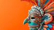 Colorful Mardi Gras Mask with Feathers and Beads on Orange Background