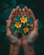 Hands holding delicate yellow flowers with green leaves, representing nature, beauty, and growth
