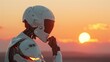 Futuristic Robot Contemplating at Sunset. A Vision of AI and the Future