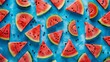 Juicy watermelon slices on bright blue background, summer fruit pattern, fresh and ripe watermelon wedges