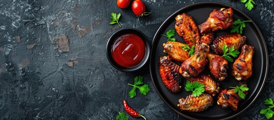 Wall Mural - Spicy grilled chicken wings served with ketchup on a black plate set against a dark backdrop of slate, stone, or concrete. Overhead shot with room for text.