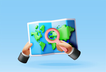 Sticker - 3D Location folded paper map with magnifying glass isolated. Render GPS map and search loupe icon. GPS and navigation symbol. Element for map, social media, mobile apps. Realistic vector illustration