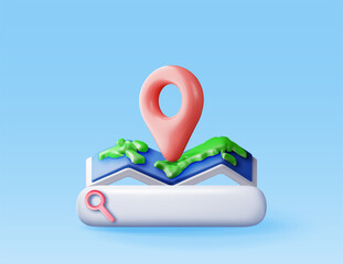 Sticker - 3D location folded paper map, search bar and pin isolated. Red GPS pointer marker icon. Render GPS and navigation symbol. Element for map, social media, mobile apps. Realistic vector illustration