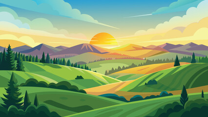 Wall Mural - Pastoral sunrise landscape with rolling hills and trees, vector cartoon illustration.