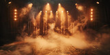 Fototapeta Młodzieżowe - Empty concert stage with illuminated spotlights and smoke. Stage background , white spotlight and smoke	

