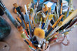 High angle view of  the Art and craft tools close up view .  artwork art colors design hard work concept .