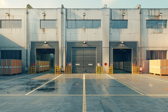 A Large distribution warehouse with gates for loading goods.