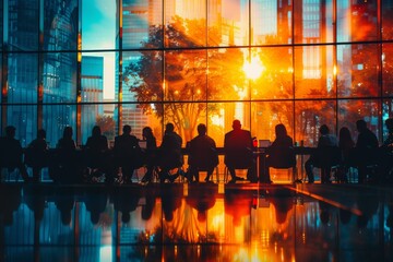 Wall Mural - Silhouetted office workers are seated around a conference table as a golden sunlight floods through large windows