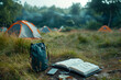 Photo with camping equipment and writing camping list.