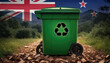 A garbage bin stands amidst the forest backdrop, with the New Zealand flag waving above. Embracing eco-friendly practices, promoting waste recycling, and preserving nature's sanctity.
