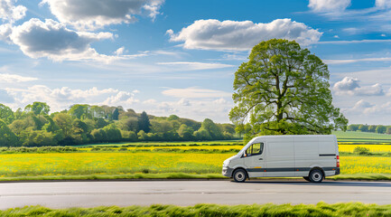 white  van driving on the road in England green field