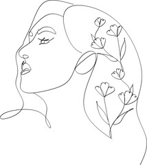 Wall Mural - Minimalist linear logo of a woman's face. Linear drawing of a woman's face with flowers. Natural organic cosmetics. Manual work without artificial intelligence