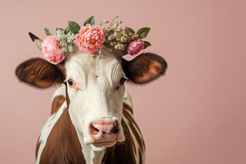 Wall Mural - Floral crown: Portrait of a cow on pastel pink background. Minimal spring concept.