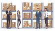 © Vector - Young businesspeople standing in warehouse. Hand draw