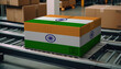A package adorned with the India flag moves along the conveyor belt, embodying the concept of seamless delivery, efficient logistics, and streamlined customs procedures