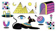 Egypt surreal set. Ancient Egyptian mythology sacral elements. Pyramids, Egyptian Cat Goddess and decorative archeological elements, isolated on white background 