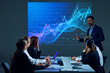 © master1305 - Employees in office setting analyze digital stock chart displayed on digital wall during meeting in boardroom. Economic trends. Concept of business, entrepreneurship, trade market, economics, finances