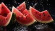 Juicy watermelon. Watermelon splash. Ripe watermelon in splashes of water. Juicy fruit watermelon creative Juicy fruits and juice. Water drops.