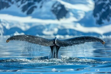 Majestic blue whale gracefully navigating through the stunning icy landscapes of antarctica