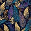 Seamless pattern with feathers on a dark blue background. Vector illustration.