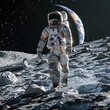 astronaut on the moon, walking on the moon surface