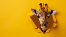 Giraffe Peeking Through Torn Yellow Paper Background. Copy Space. Generative AI