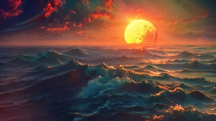 Poster - The painting showcases a vibrant sunset casting its colors onto a serene ocean, Otherworldly sunset over an alien ocean