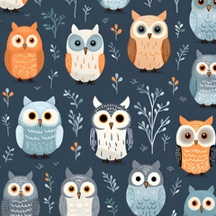 Wall Mural - Seamless pattern with cute owls. Vector illustration in cartoon style.