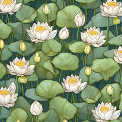 Wall Mural - Seamless pattern with seamless pattern with white water lilies. Vector illustration.ater lilies. Vector illustration in vintage style.