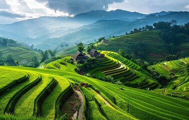 Wall Mural - View green hills. Nature with meadows and trails. Lots of greenery with trees and shrubs to reduce carbon dioxide emissions. Reducing CO2 emissions. Caring for nature. Earth Day.