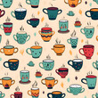 © Hawk - Seamless pattern with colorful cups of coffee. Vector illustration.
