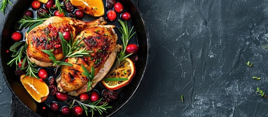 Wall Mural - Roasted chicken with oranges, rosemary, and cranberries cooked in a skillet pan, viewed from the top with space for text.