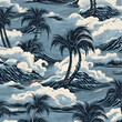 Seamless pattern with palm trees and clouds. Vector illustration.