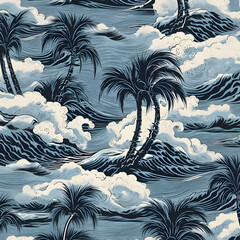 Sticker - Seamless pattern with palm trees and clouds. Vector illustration.