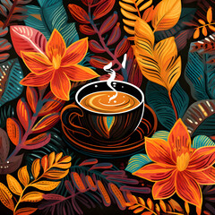 Sticker - Cup of coffee and tropical leaves on black background. Vector illustration.