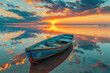 old wooden boat on calm water at sunset, reflecting the sky in beautiful colors